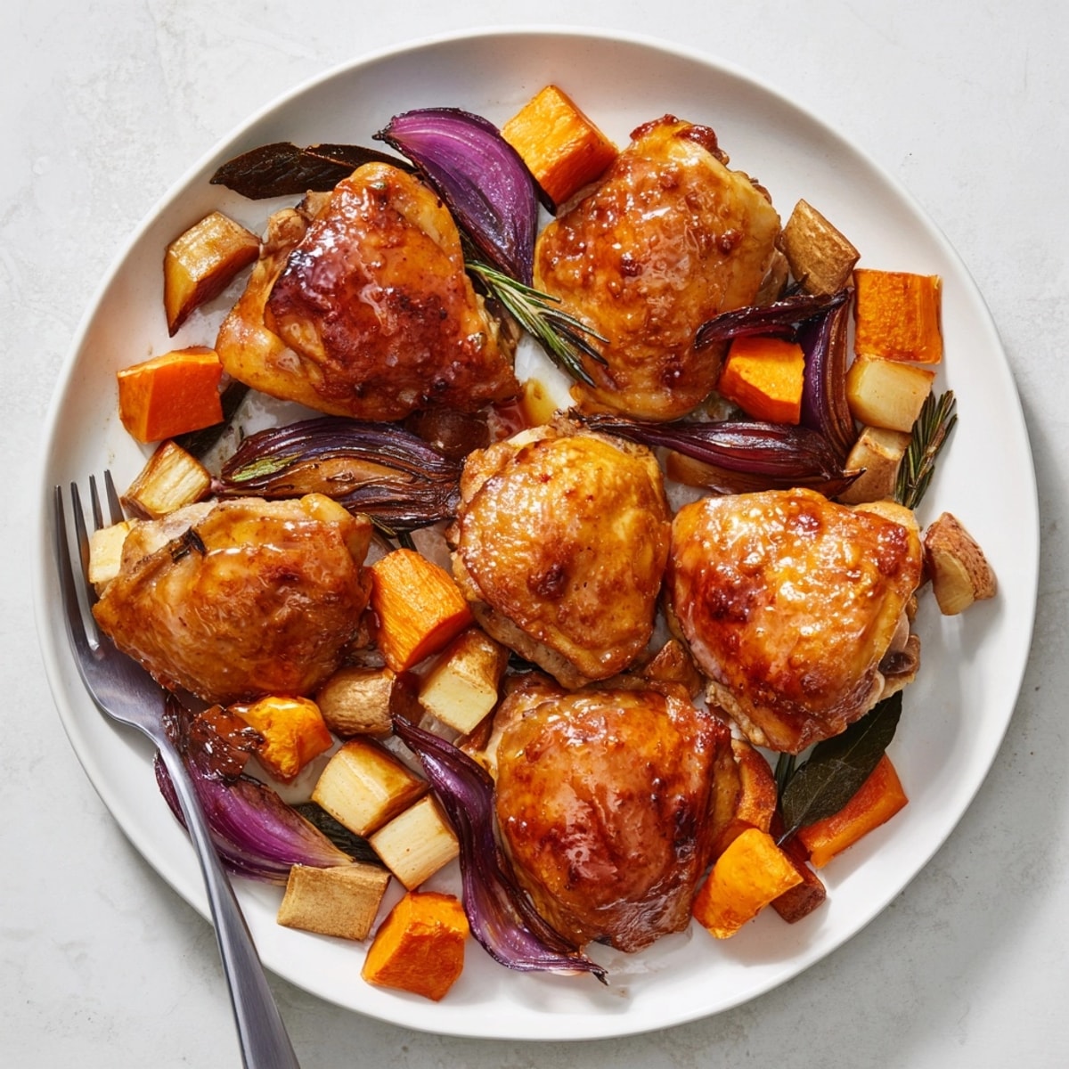 Close-up of Honey-Glazed Chicken with Roasted Root Vegetables showing crispy skin and tender vegetables.