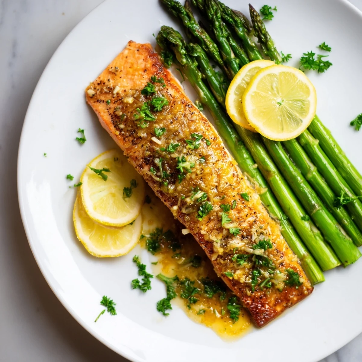 Close-up of seared Skillet Lemon-Butter Salmon with vibrant green asparagus and bright lemon slices.