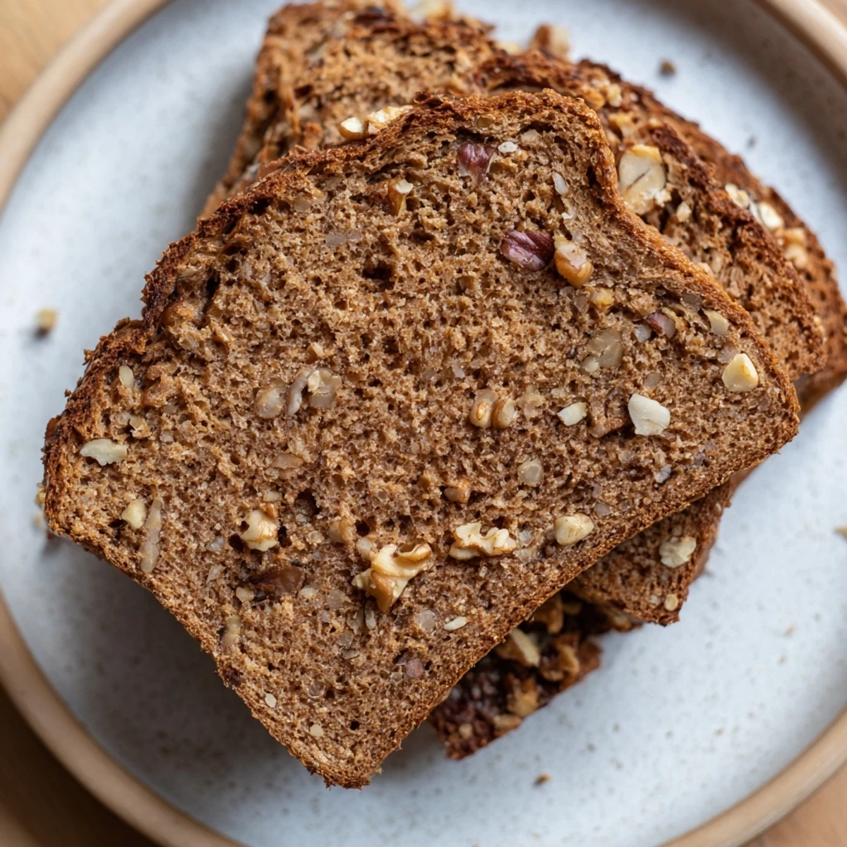 Hearty slices of Nutty Whole Wheat Loaf Bread, ready to be slathered with creamy butter, are pictured.