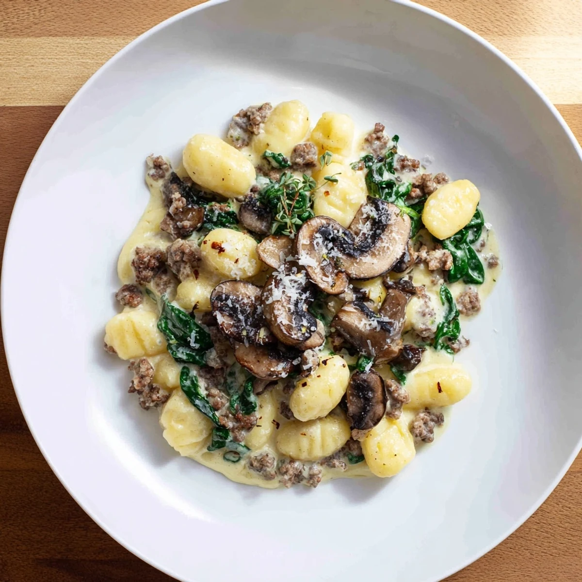 Savory Woodsy Skillet Sausage and Mushroom Gnocchi, a comforting meal with creamy sauce and golden mushrooms.