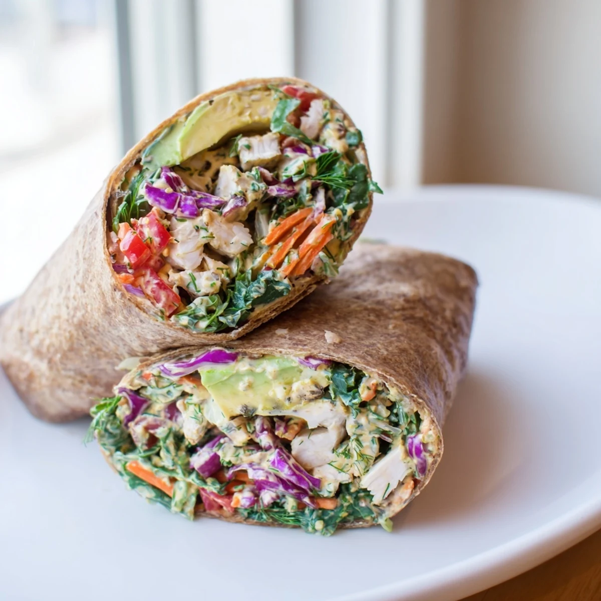 Vibrant Poppy-Inspired Chicken Salad Wraps, ready for a satisfying bite, filled with juicy chicken and fresh ingredients.