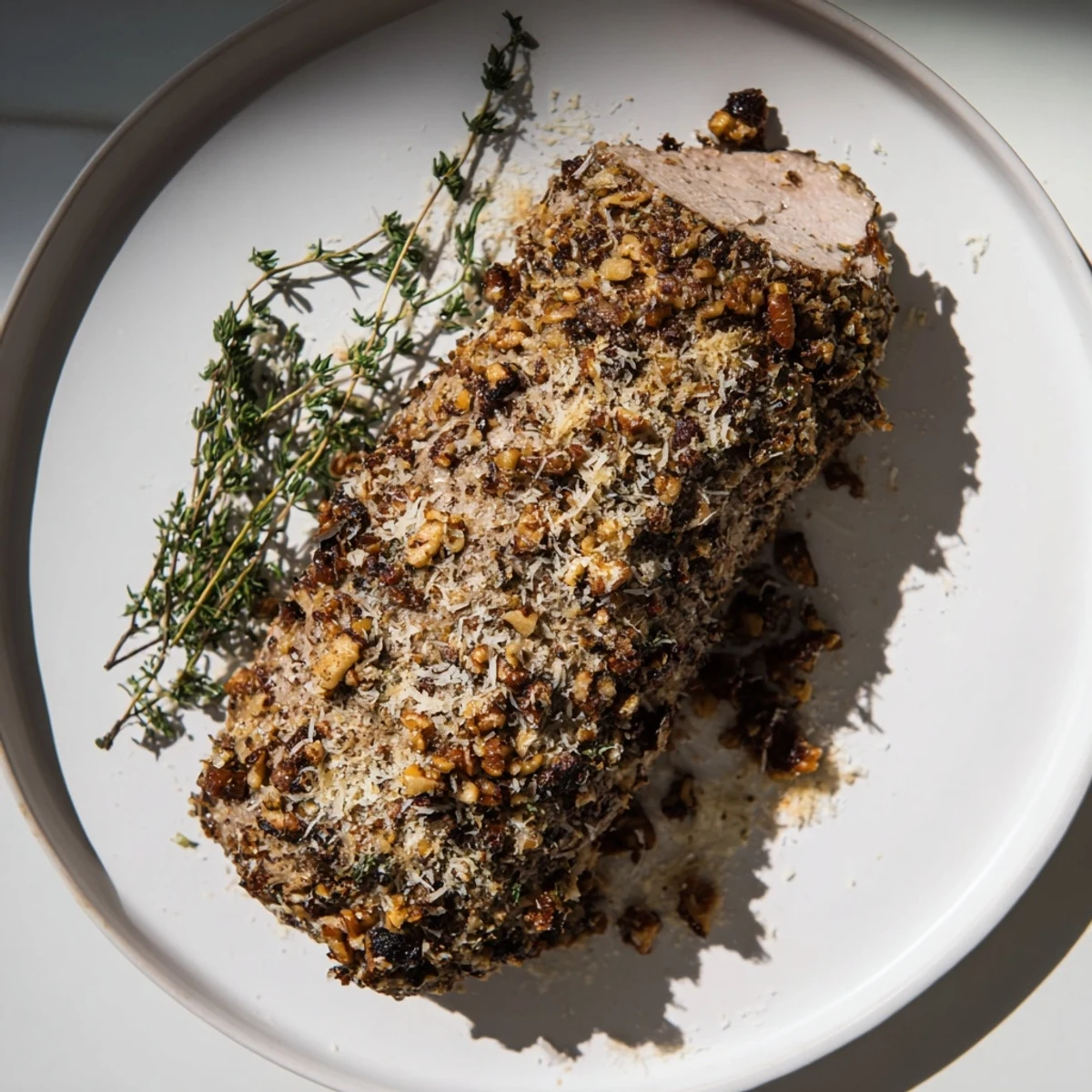 Golden-brown Thyme and Pecan Crusted Pork Tenderloin, ready to slice after a perfect roast.