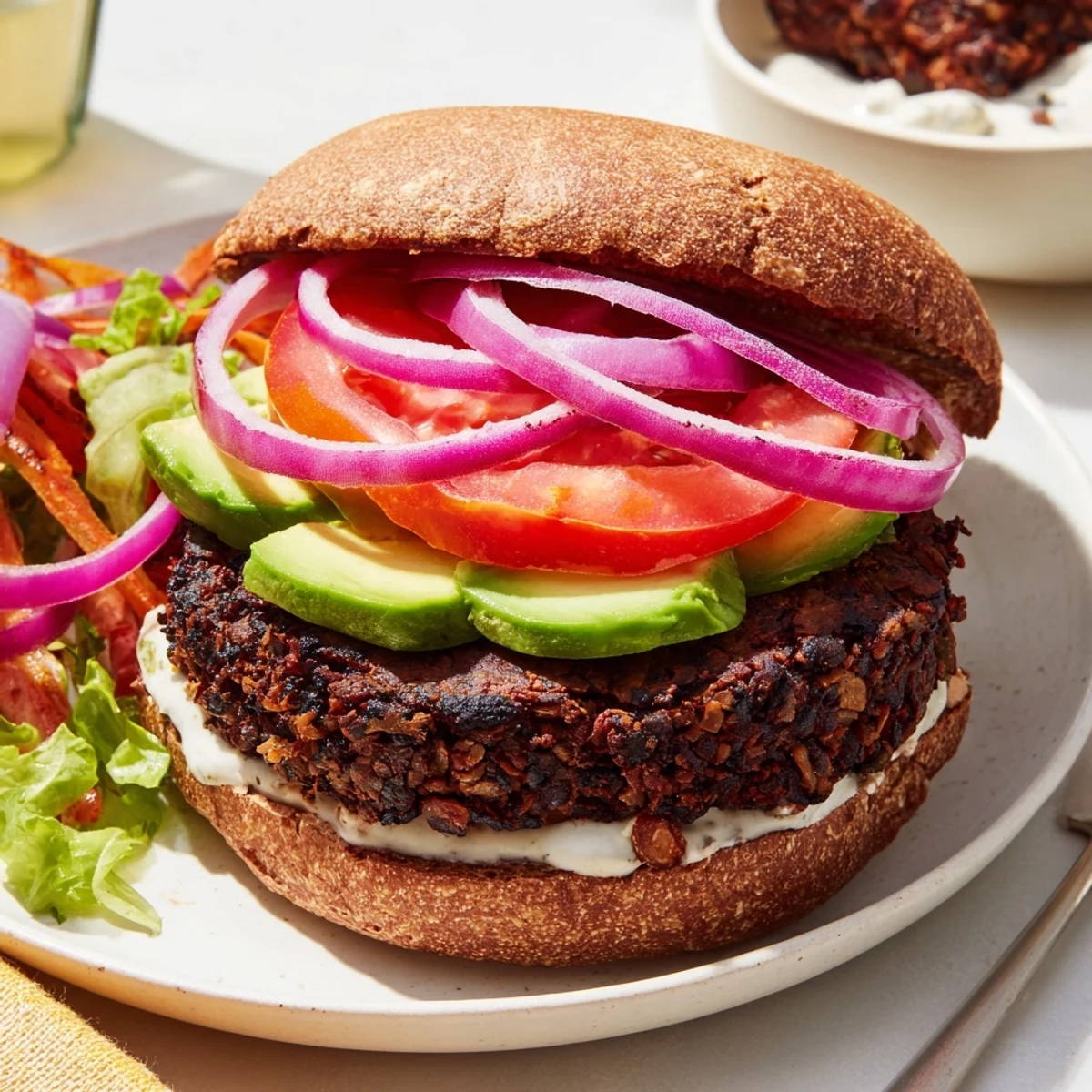 Zesty black bean burgers sizzling in a pan, ready to be topped with fresh avocado slices.