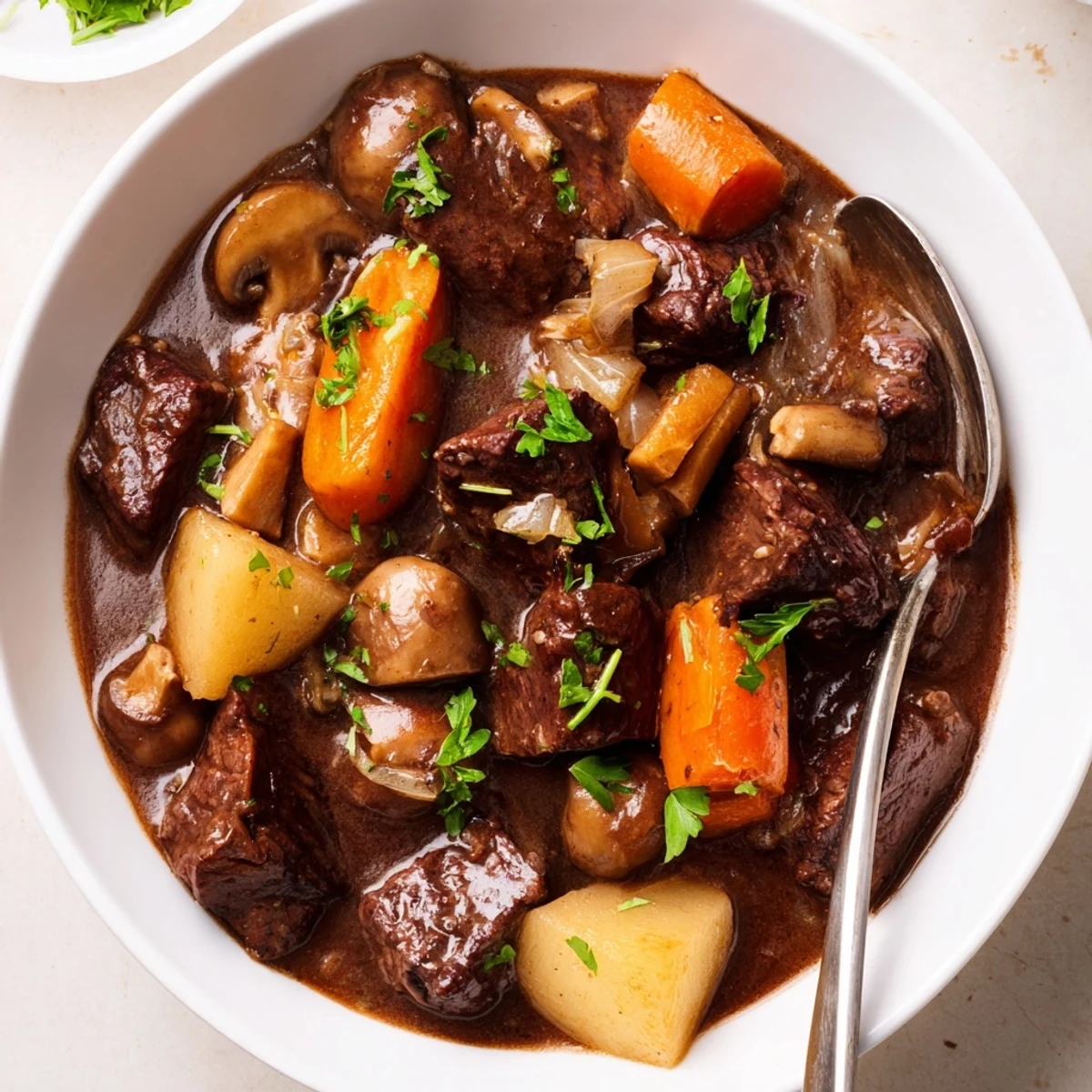 Close-up of hearty earthy beef stew with tender beef and vegetables next to fresh bread.