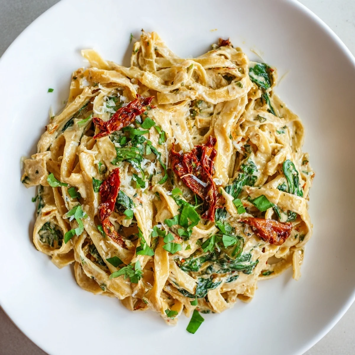 A close-up of One-Pot Creamy Tuscan Garlic Herb Pasta, bubbling in a skillet with lovely texture.