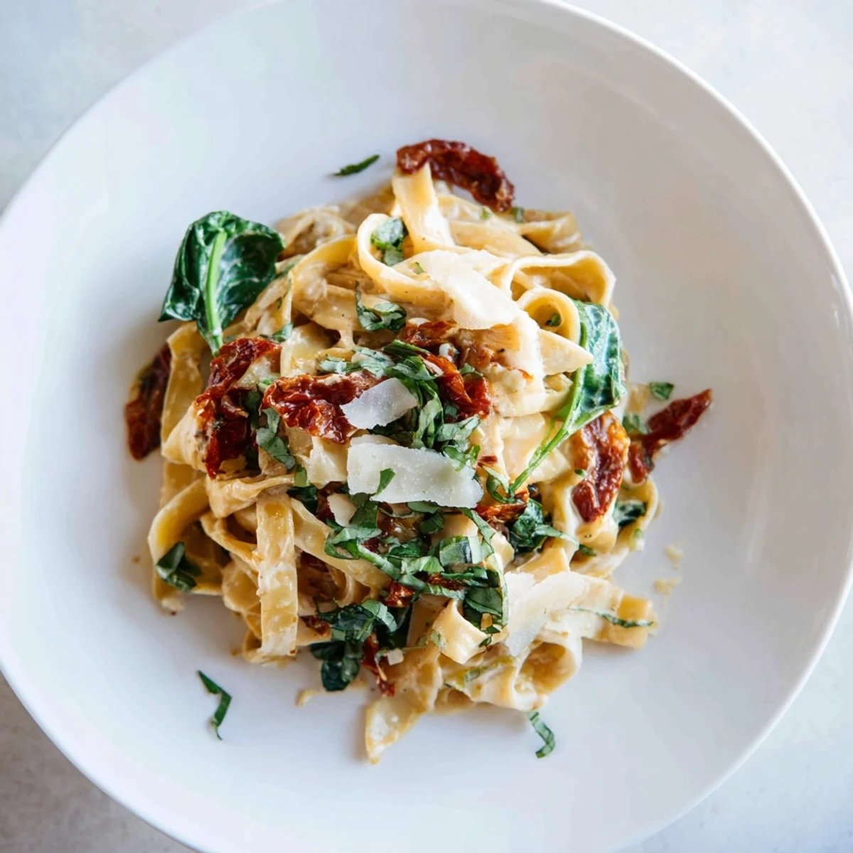 This inviting image shows a bowl brimming with rich One-Pot Creamy Tuscan Garlic Herb Pasta, ready to eat.
