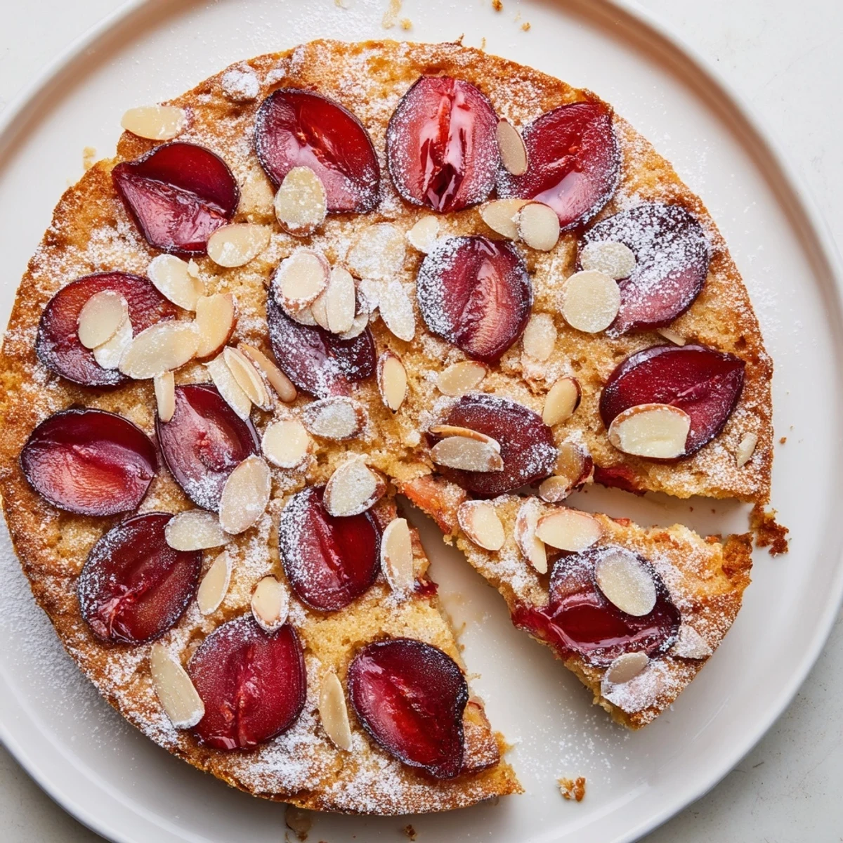 Golden-brown Soft Sweet Plum-Infused Almond Cake, topped with sugared plums, inviting you to enjoy a slice.