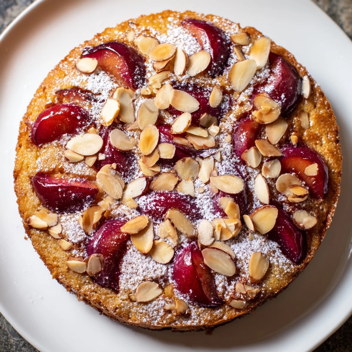 Moist and delicious Soft Sweet Plum-Infused Almond Cake, showing a rustic close-up of the plum slices.