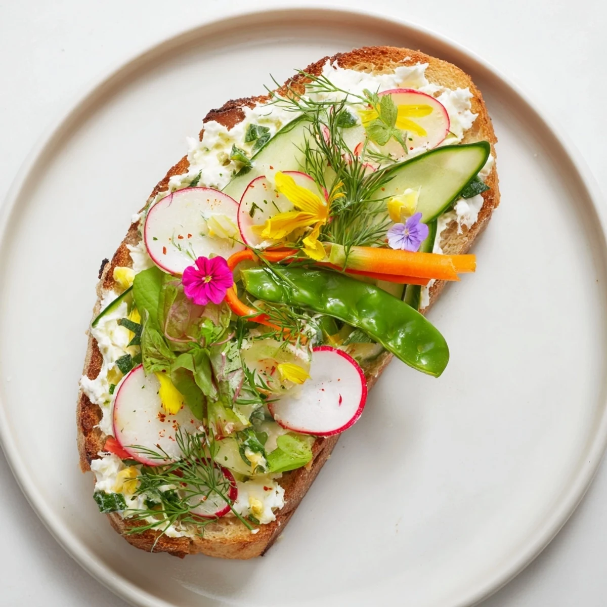 These vegetarian Fresh Meadow Tartines feature vibrant veggies atop herbed cheese on perfectly toasted bread slices.
