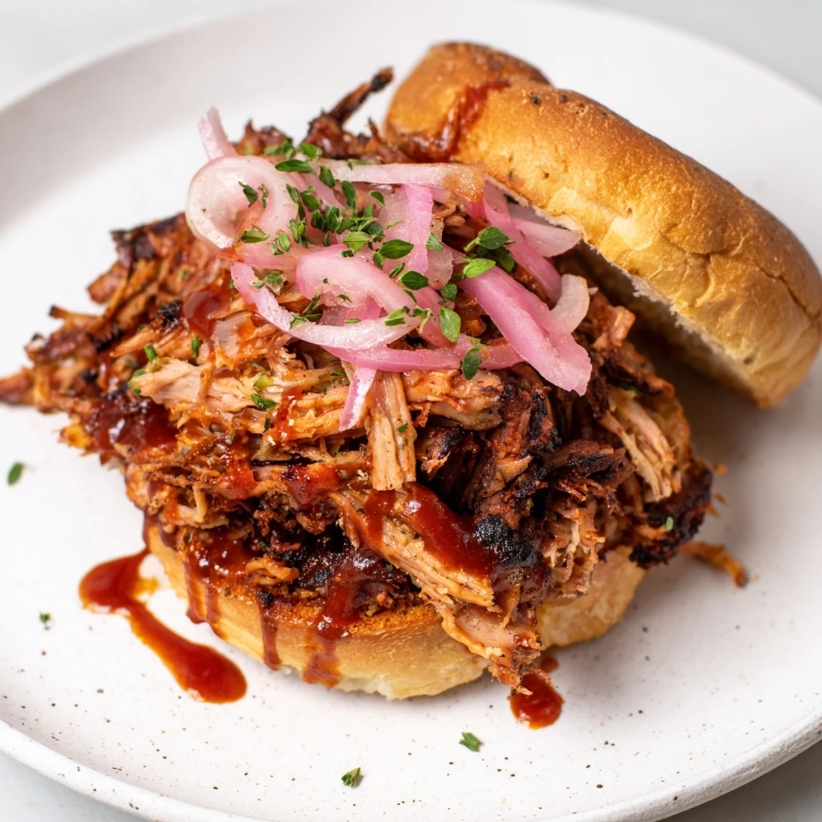Fire-Kissed BBQ Pulled Pork Sandwiches piled high on toasted buns, boasting a smoky, charred appearance.
