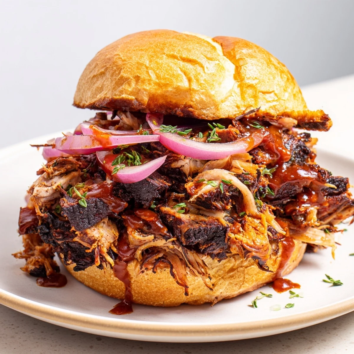A close-up of delicious Fire-Kissed BBQ Pulled Pork Sandwiches, with succulent pulled pork and fresh herbs.