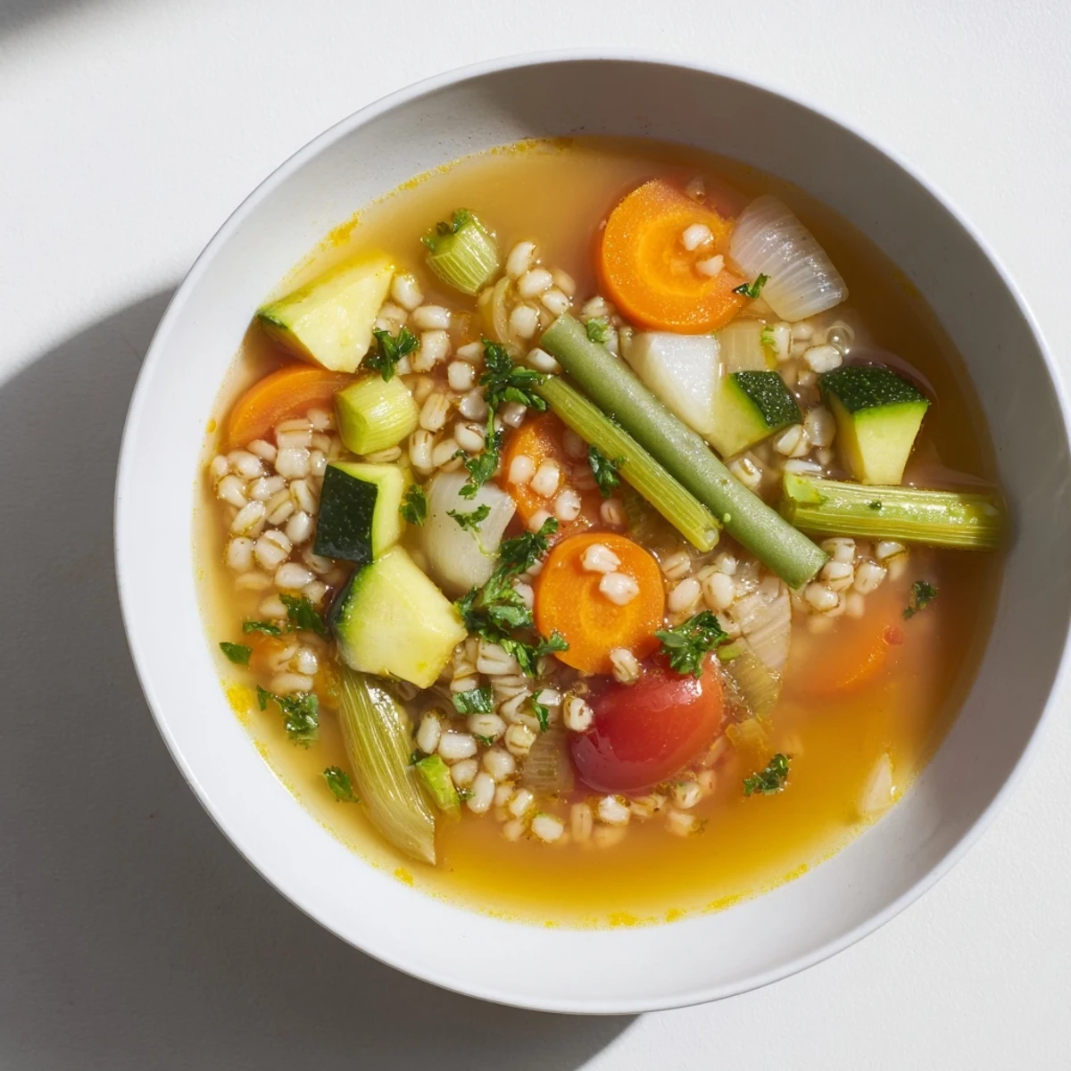 Steaming bowl of Simple Homemade Grain and Vegetable Soup, with vibrant vegetables and fresh parsley garnish.
