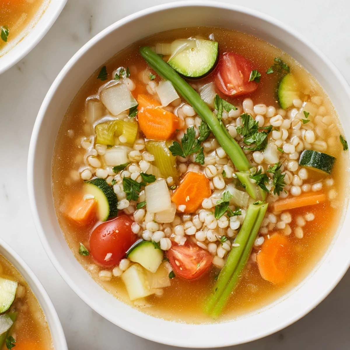 Close-up of a flavorful Simple Homemade Grain and Vegetable Soup, perfect for a cozy, healthy vegetarian dinner.