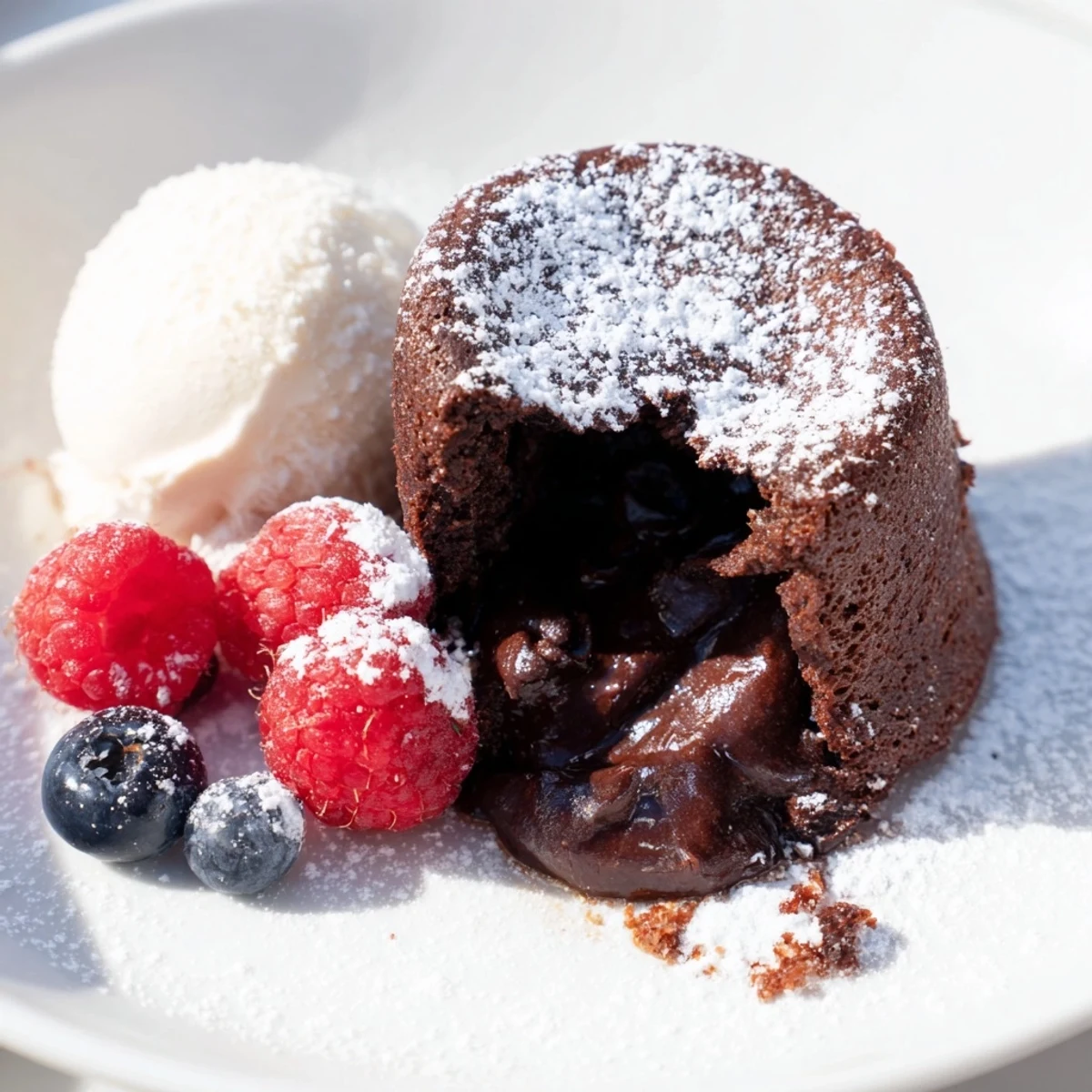Molten cocoa center spills from a fork-cut dark chocolate lava cake, ready to be enjoyed.
