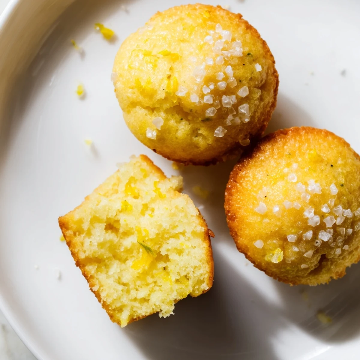 Enjoy a stack of warm Simple Sweet Lemon Zest Muffins, with a sweet, crumbly top, baked to perfection.