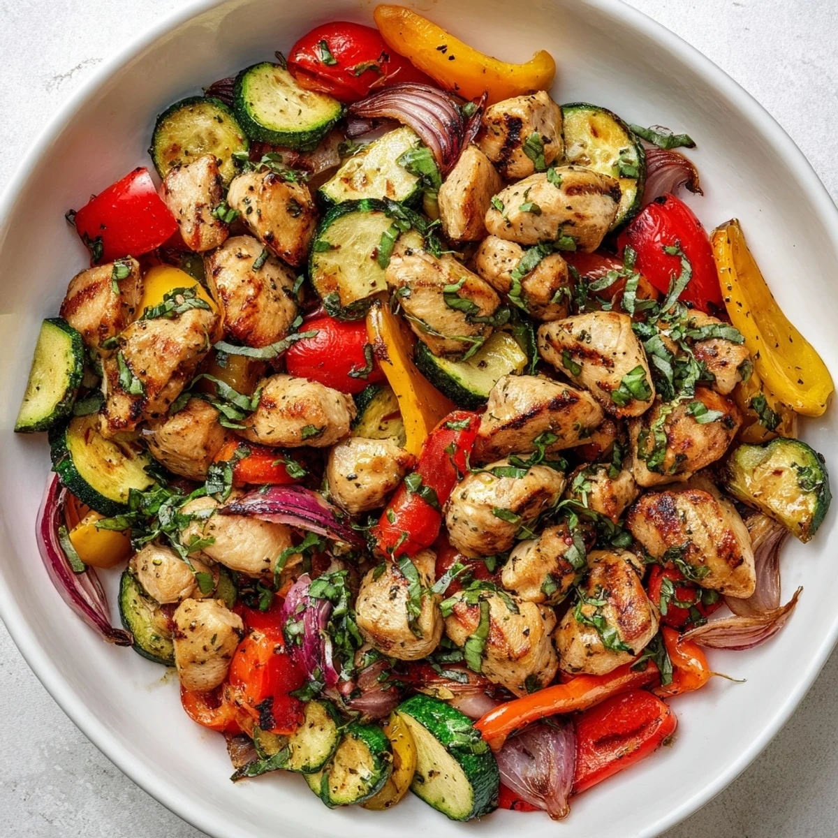 Sheet pan Basil-Soft Chicken and Veggie Dinner displaying juicy chicken and colorful, roasted vegetables, ready to serve.