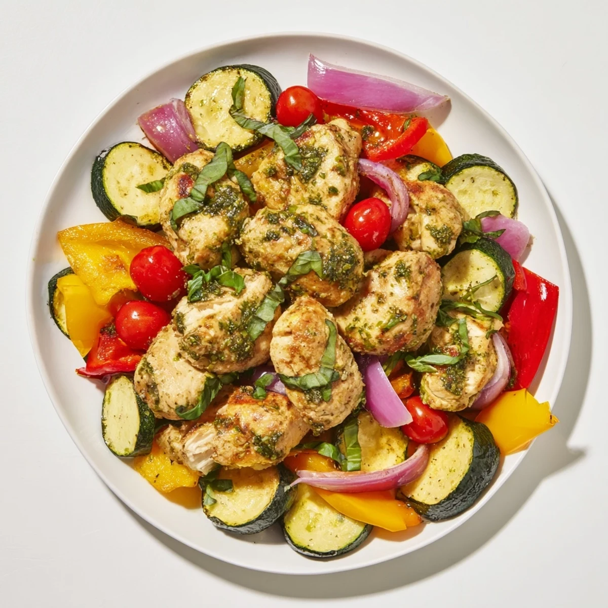 Golden-brown Basil-Soft Chicken and Veggie Dinner with tender chicken nestled among vibrant, roasted vegetables; a delicious one-pan meal.