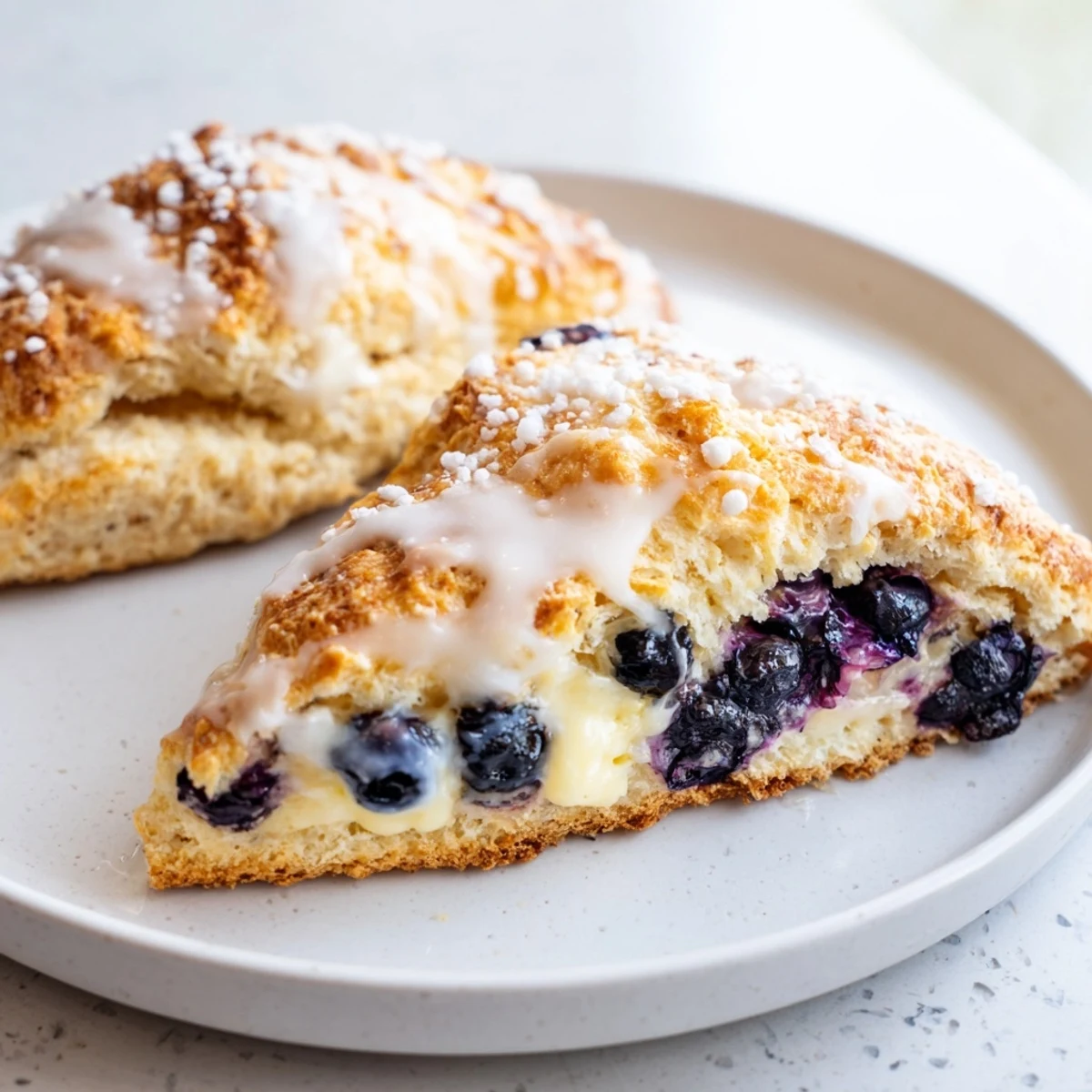 Fresh blueberries bursting from the flaky layers of these cozy Rustic Birch-Warm Blueberry Scones.