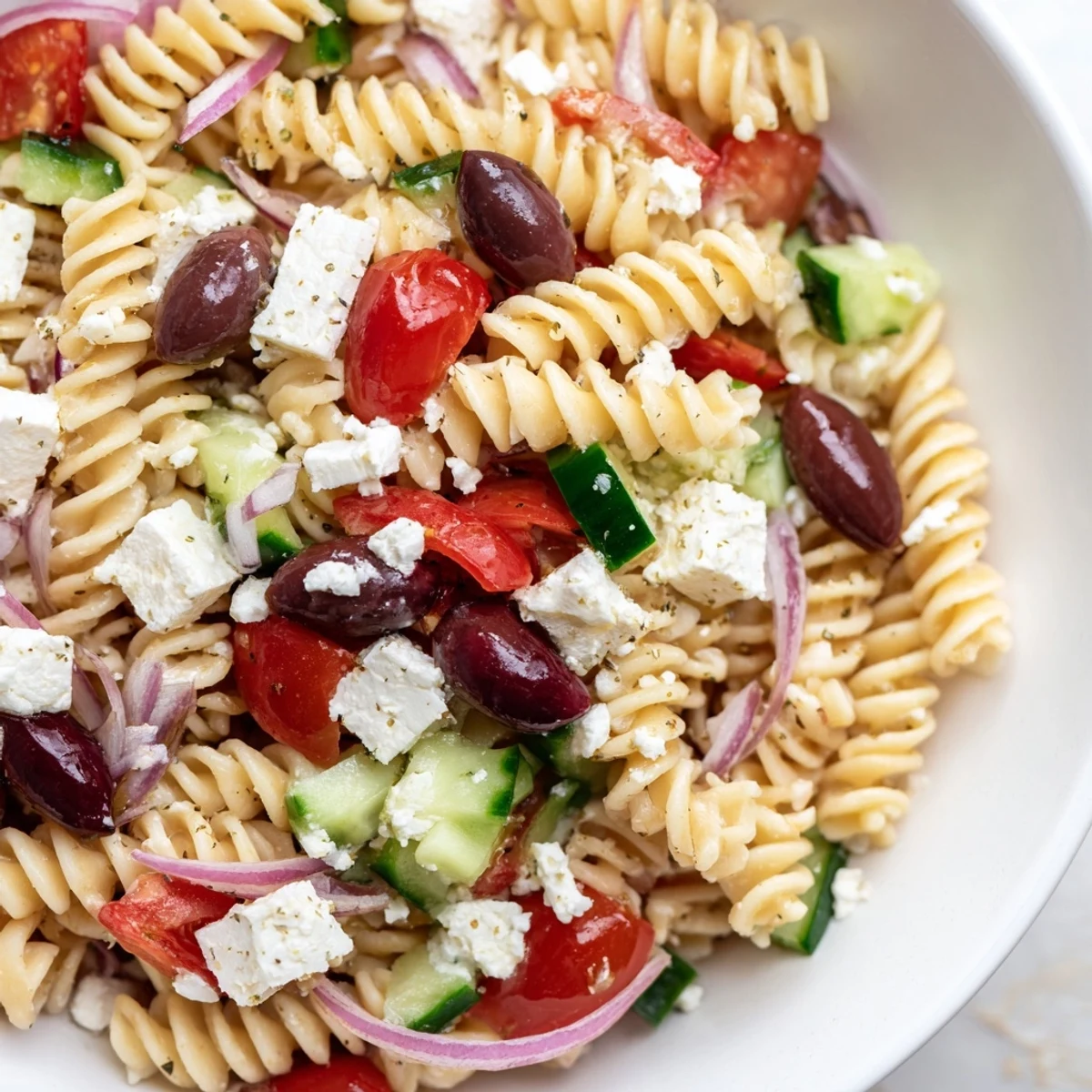 A bowl of Mediterranean Olive Oil and Feta Pasta Salad, showcasing crumbled feta and juicy tomatoes.
