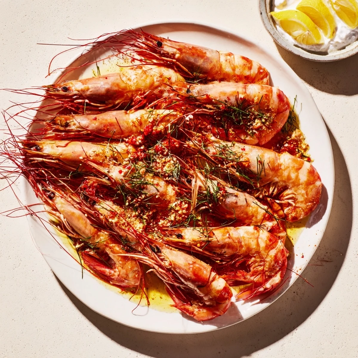 Freshly made Light & Bright Lemon Herb Shrimp Scampi, served over pasta and ready to be enjoyed.