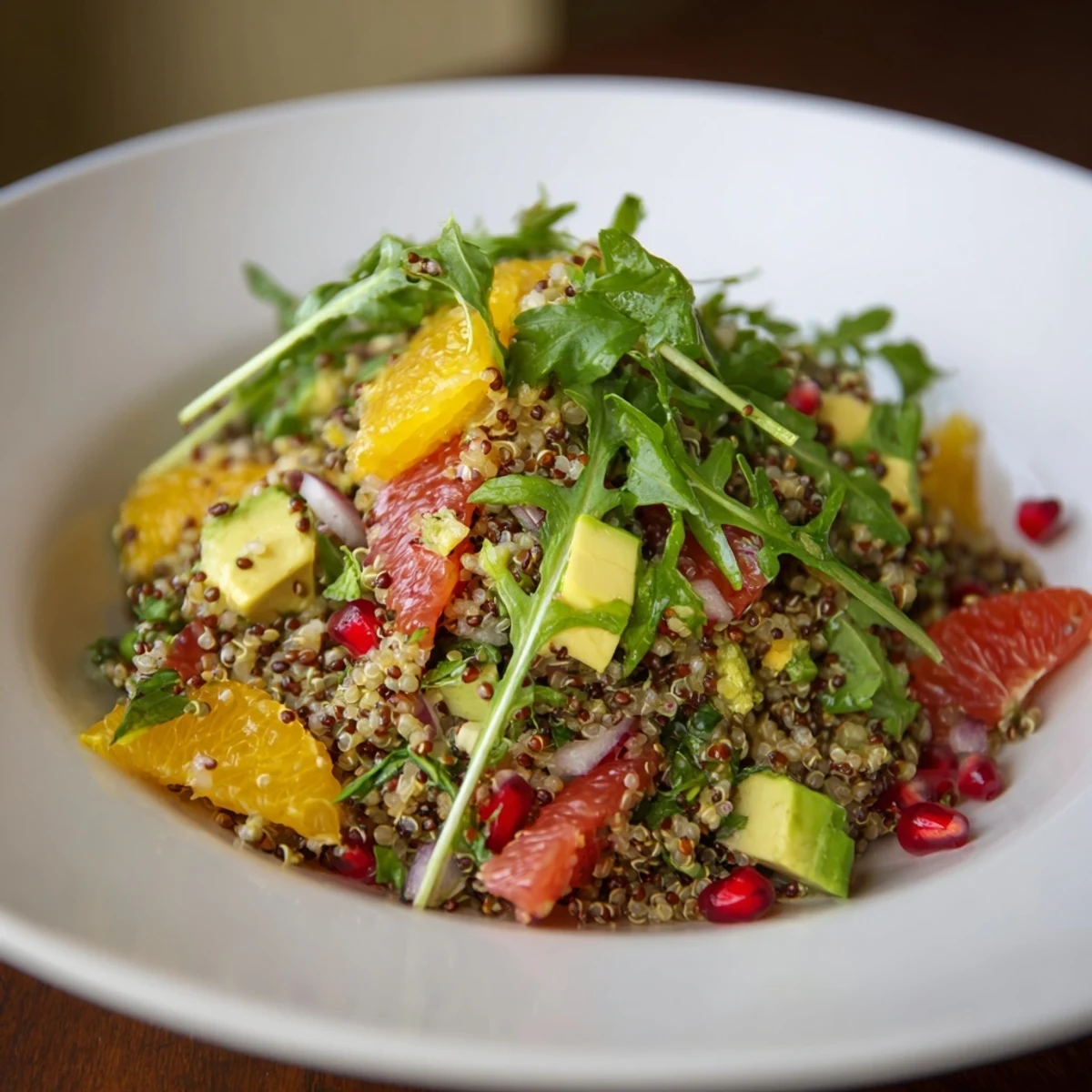 A close-up of a Fresh Citrus & Avocado Quinoa Bowl, showcasing vibrant colors and fresh herbs.