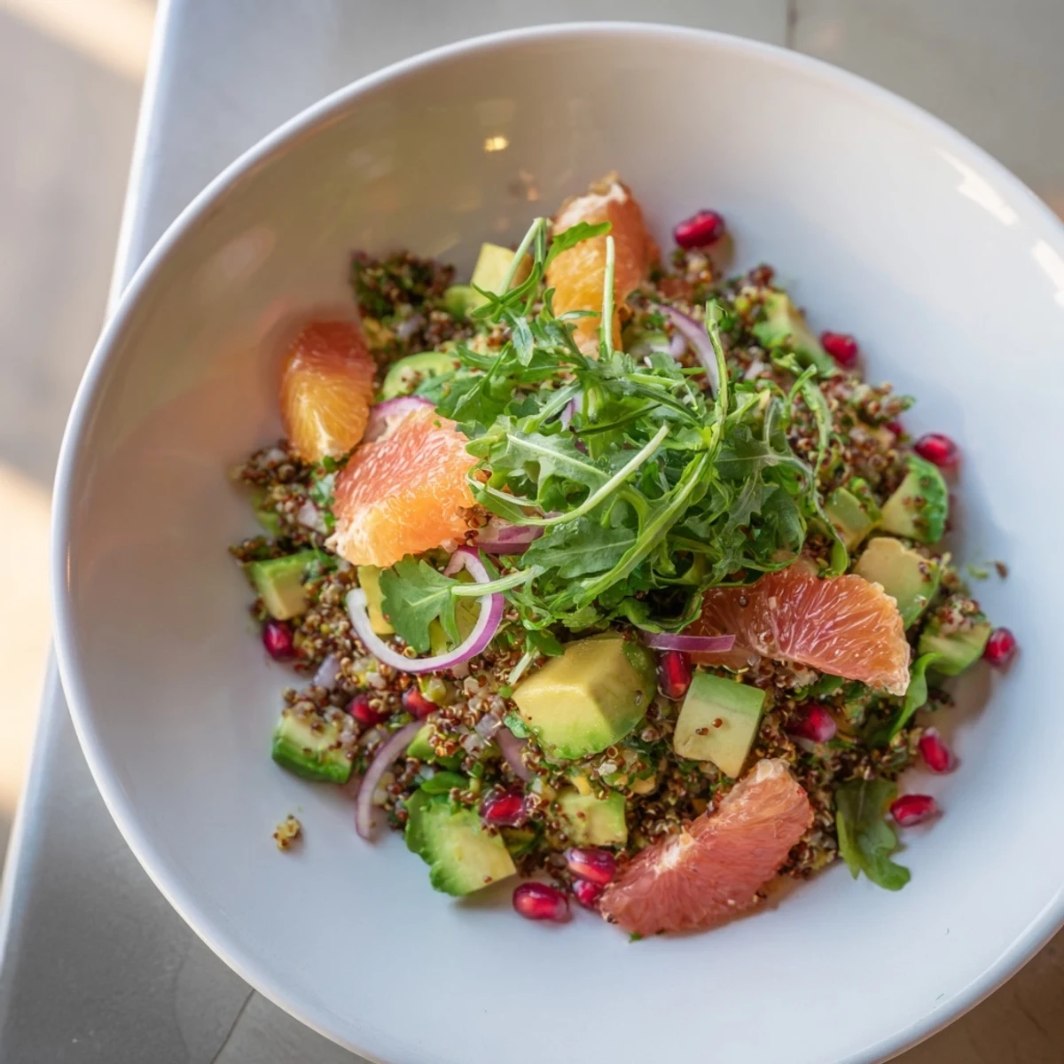 Fresh Citrus & Avocado Quinoa Bowl with bright orange segments and creamy avocado, ready to serve.