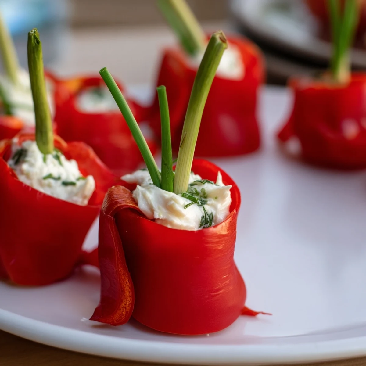 Bright red and yellow Bell Pepper Christmas Bow appetizers sit ready to eat, a holiday treat.