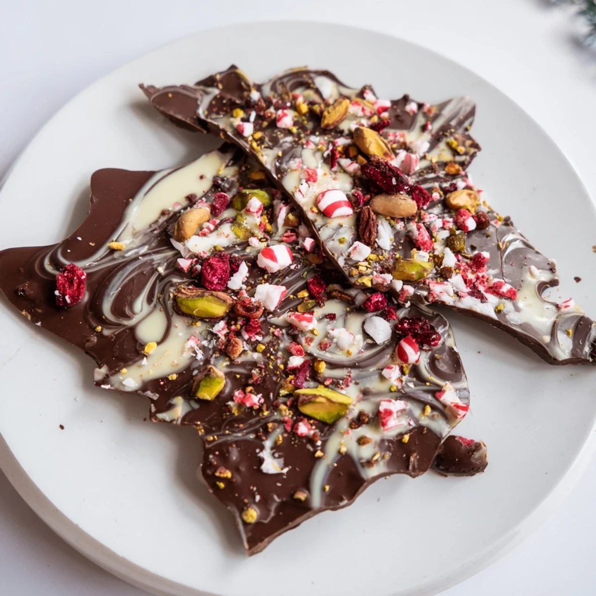 Holiday bark shards, a delicious medley of peppermint, pistachios, and cranberry atop dark chocolate.