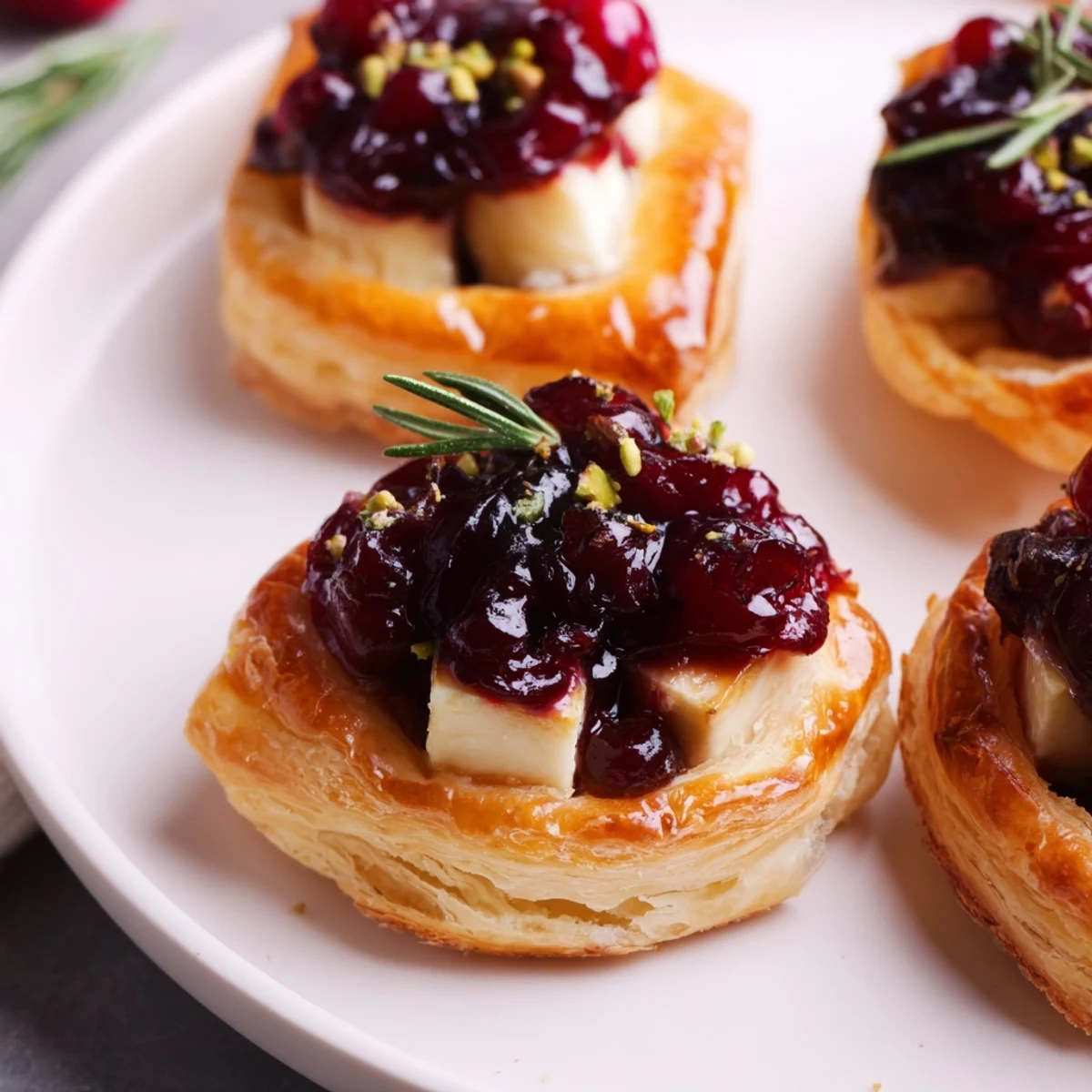 See a tempting Cranberry Brie Bites Wreath showcasing bubbly cheese, nestled in a flaky puff pastry base.