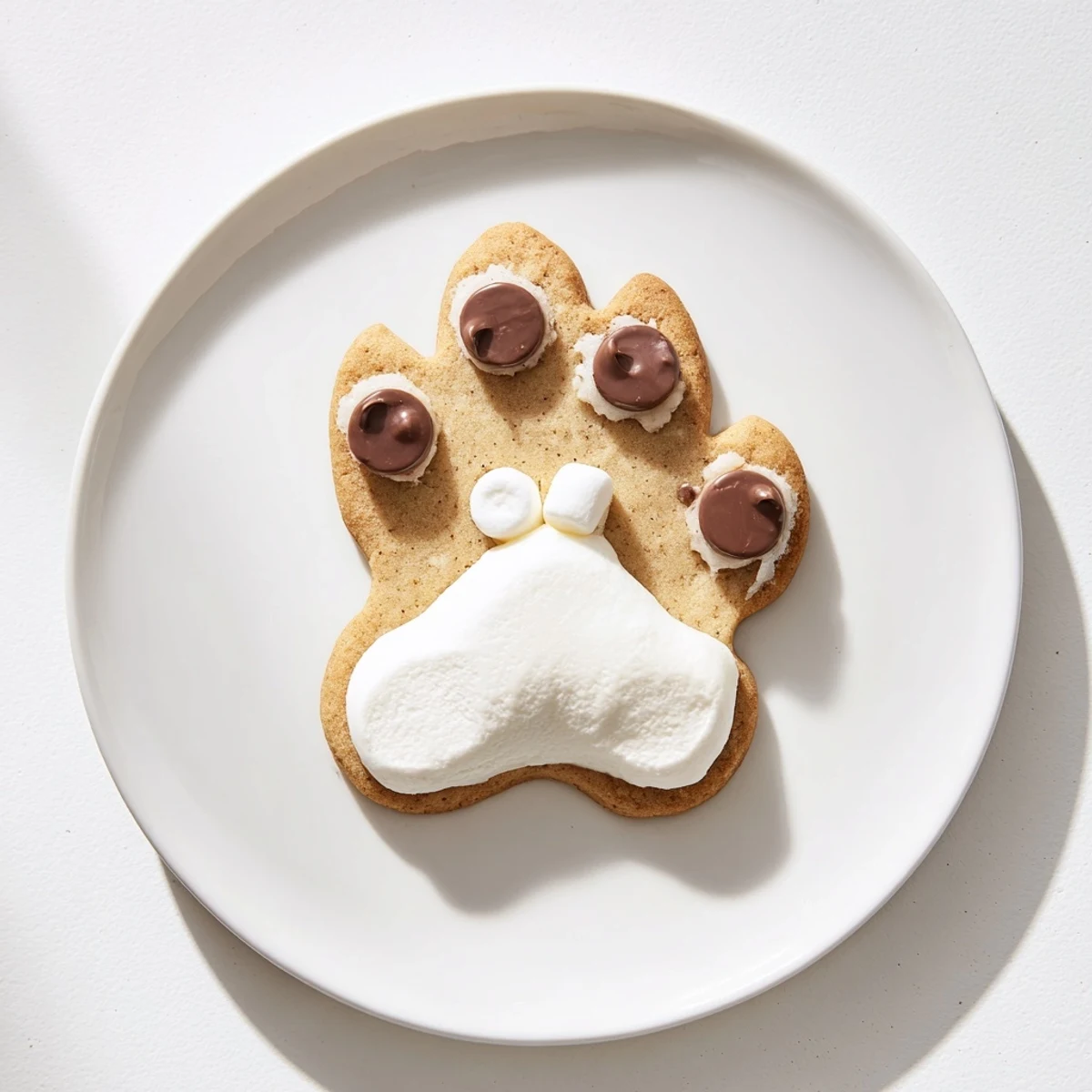 Freshly baked Polar Bear Paw Print Cookies with cute marshmallow paw pads, ready to eat.