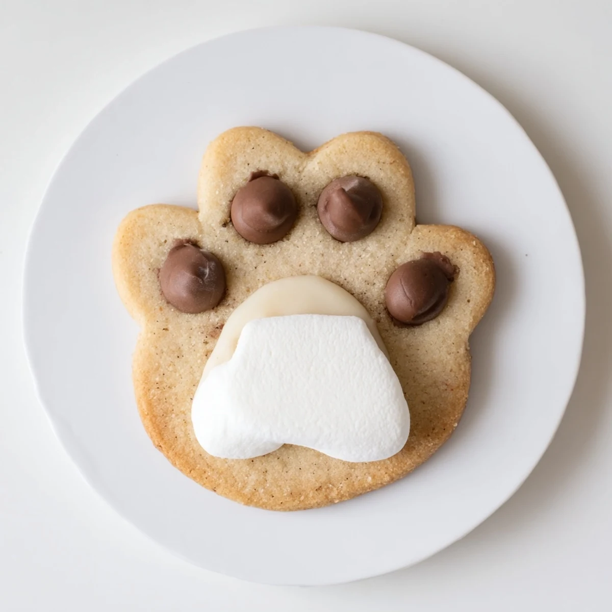 Homemade Polar Bear Paw Print Cookies on a plate, featuring white chocolate and mini chip details.