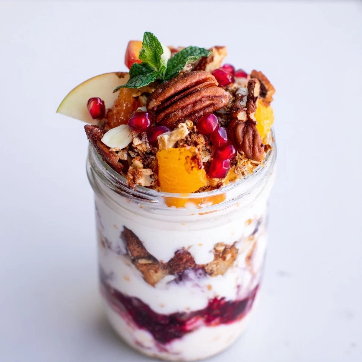 Creamy Christmas Pudding Yogurt Parfait Bar layers, with fresh fruit, granola, and nuts for joyful brunch.