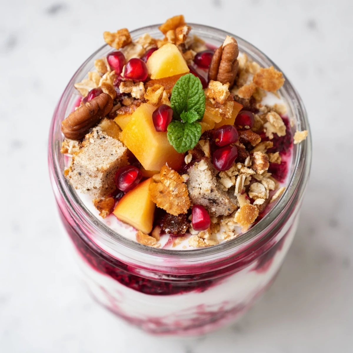 Festive photo of a Christmas Pudding Yogurt Parfait Bar beautifully layered with fruit and yogurt toppings.