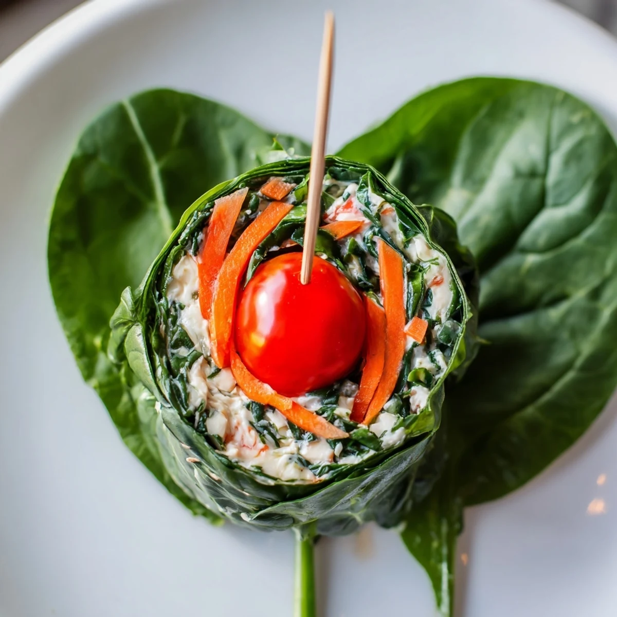 Vibrant Holly Leaf Spinach Wraps: a close-up shows rolled spinach leaves with festive tomato garnish.