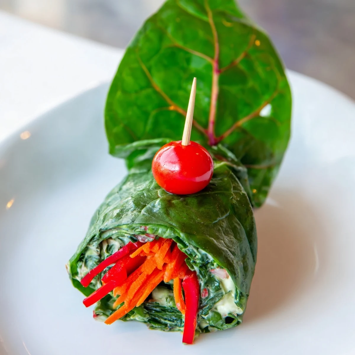 Freshly prepared Holly Leaf Spinach Wraps reveal colorful carrot and red pepper fillings inside.