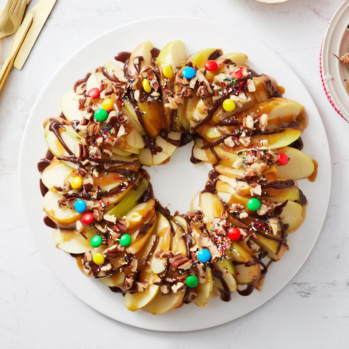 Irresistible Caramel Apple Slice Christmas Wreath: A festive platter of caramel-drizzled apples, nuts, and candies.