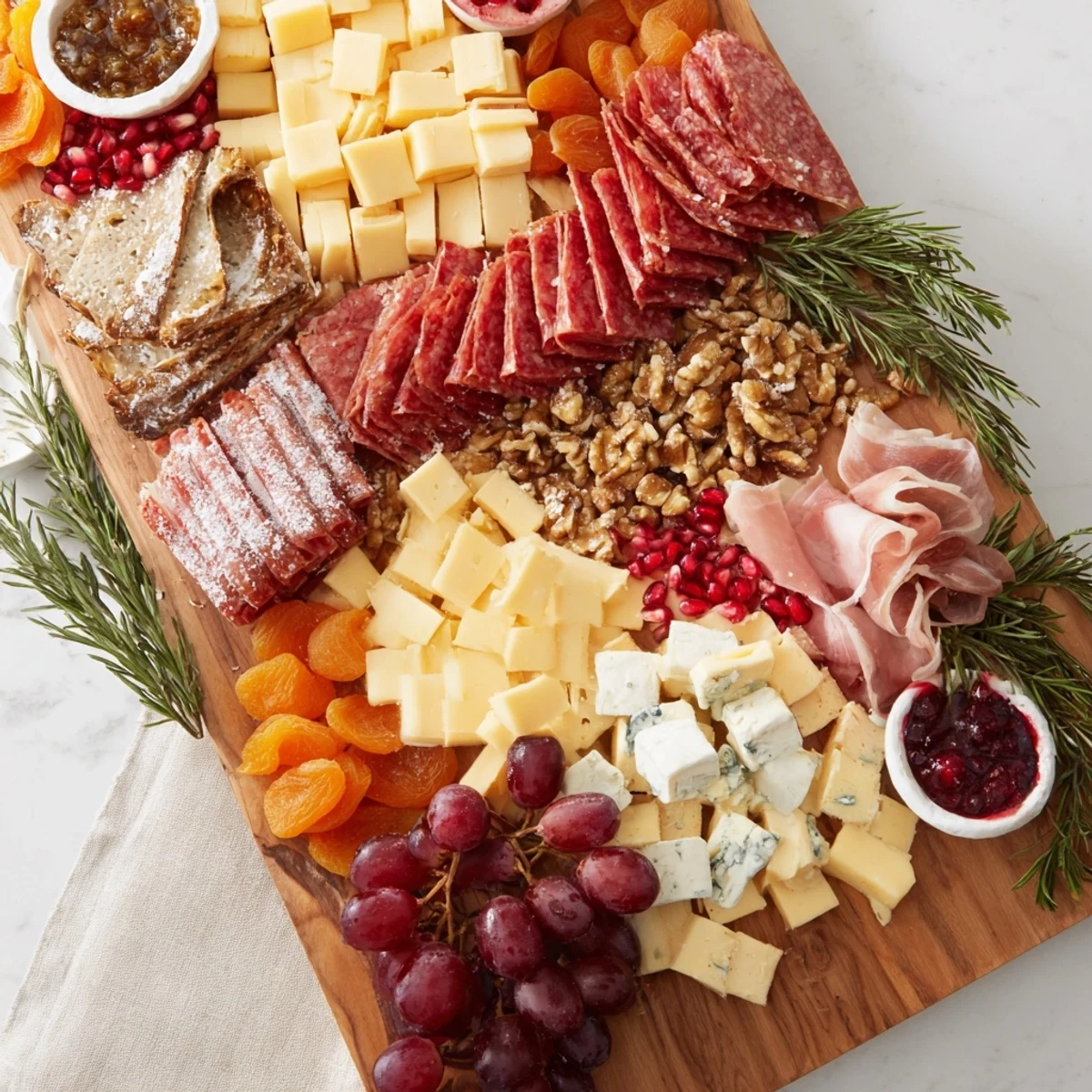 Delectable Winter Forest Meat and Cheese Charcuterie Scene with colorful seasonal garnishes and savory cheeses.
