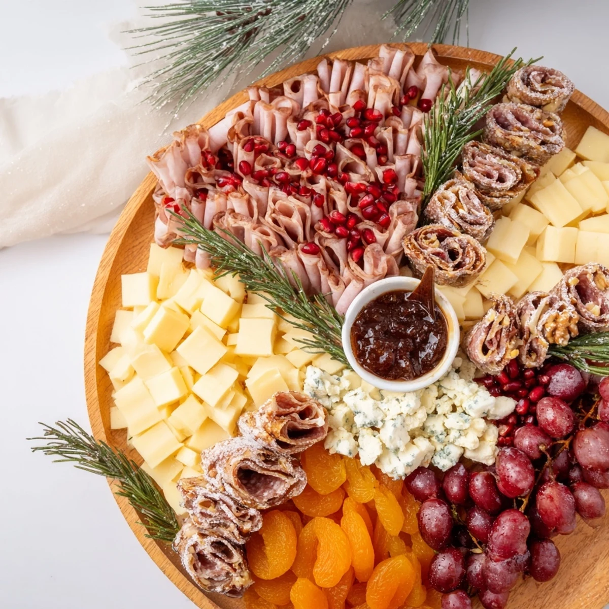 A flavorful spread of a Winter Forest Meat and Cheese Charcuterie Scene, perfect for a cozy holiday gathering's appetizer.