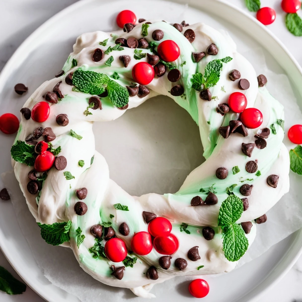 Creamy Mint Chocolate Chip Dip Wreath with red candies and fresh mint offers festive holiday cheer.