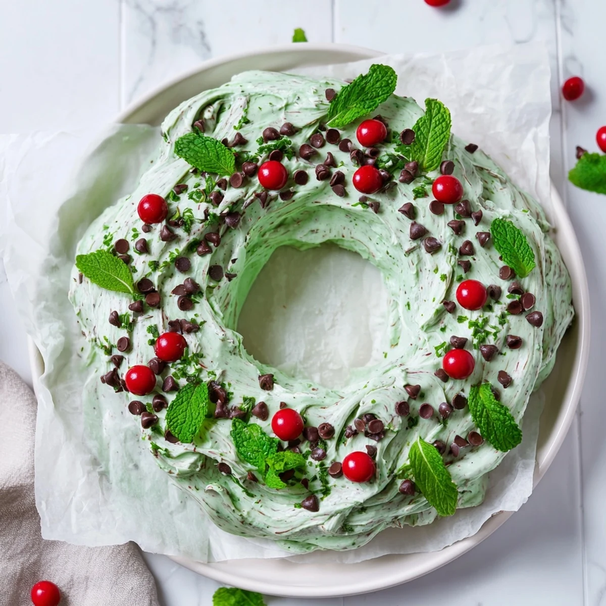 This easy Mint Chocolate Chip Dip Wreath features a smooth, green dip adorned with chocolate chips and berries.