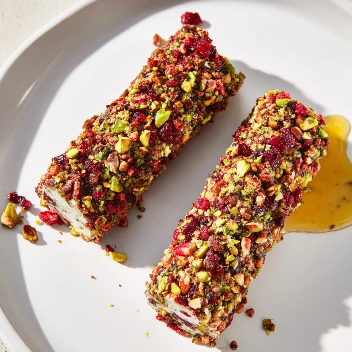 Creamy cranberry goat cheese logs with vibrant garnishes on a holiday appetizer board, ready to serve.