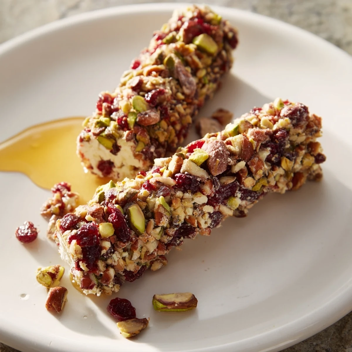 Close-up of the cranberry goat cheese logs, showcasing the colorful cranberry-nut coating and fresh rosemary.