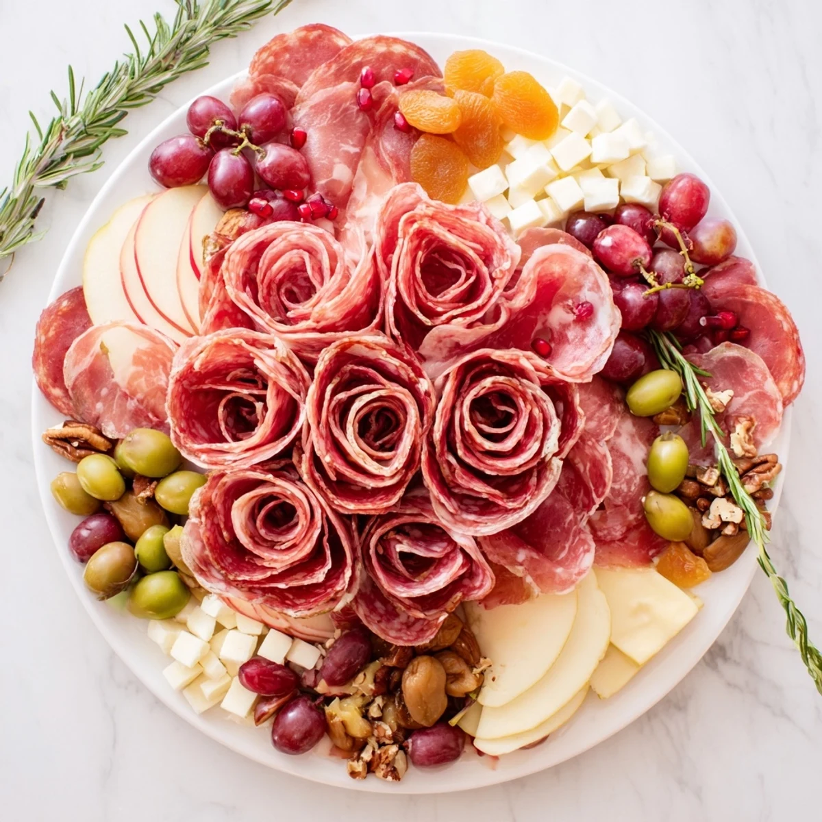 A vibrant holiday charcuterie board showcasing a meat rose bouquet, full of savory flavors.