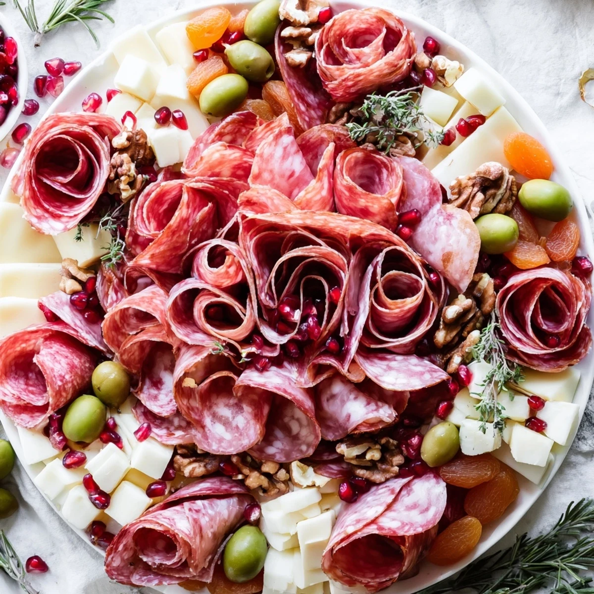 Serve this elegant charcuterie platter with a stunning meat rose bouquet and assorted cheeses for your guests.