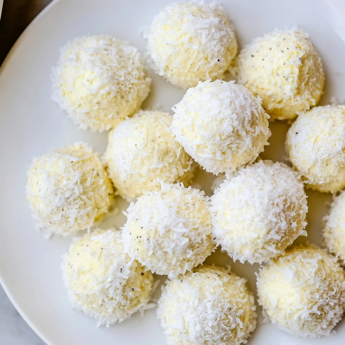 Fluffy snowball tea sandwich bites rolled in coconut, perfect for an elegant afternoon tea.