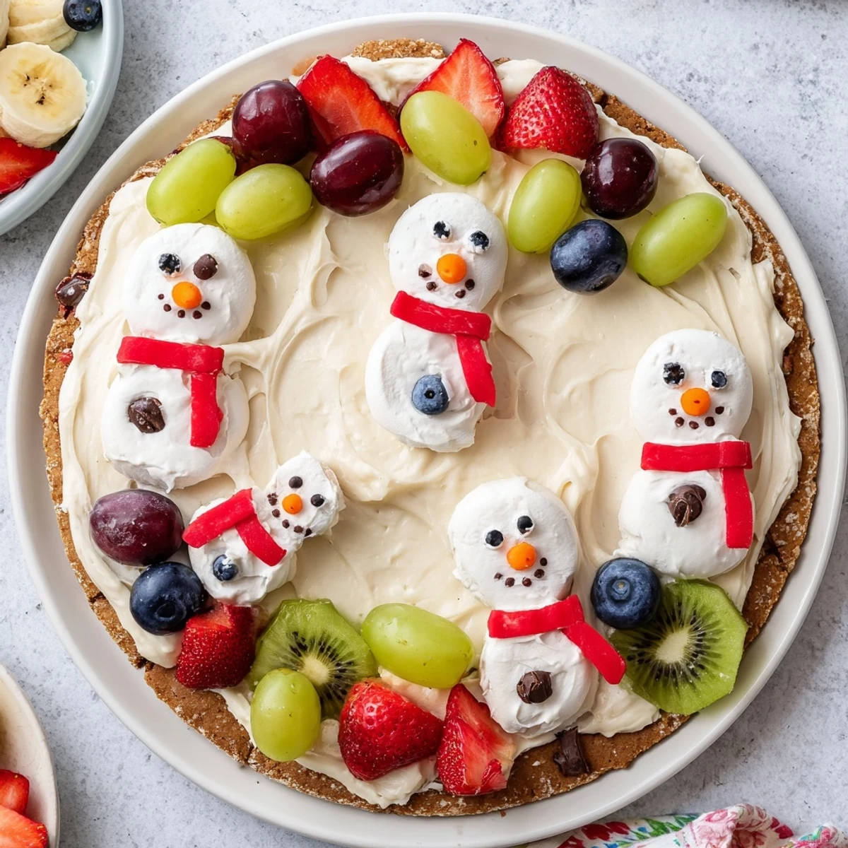 Melting Snowman Fruit Pizza gleams with sweet frosting, fresh fruit, and adorable snowman faces made with marshmallows.
