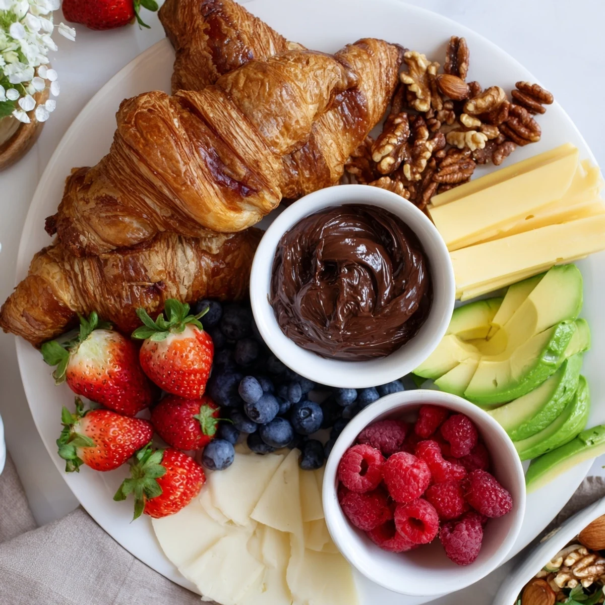 A beautifully arranged cozy fireplace croissant board featuring sweet and savory treats for brunch, ready to serve.