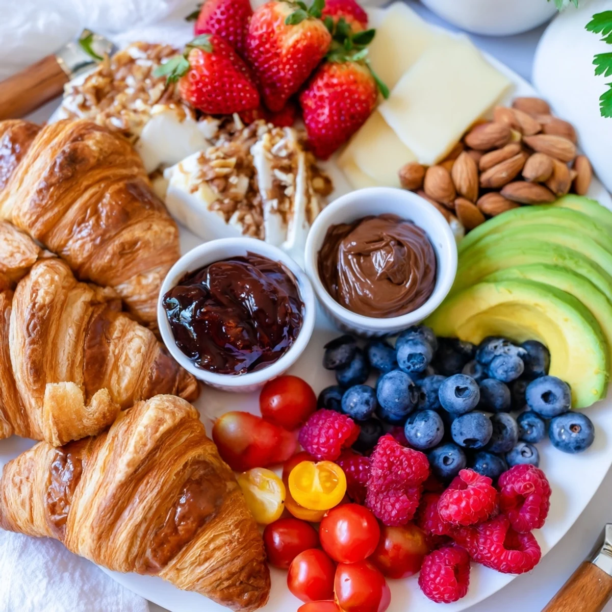 Delicious details: A loaded cozy fireplace croissant board with berries, cheese, and warm, golden croissants.