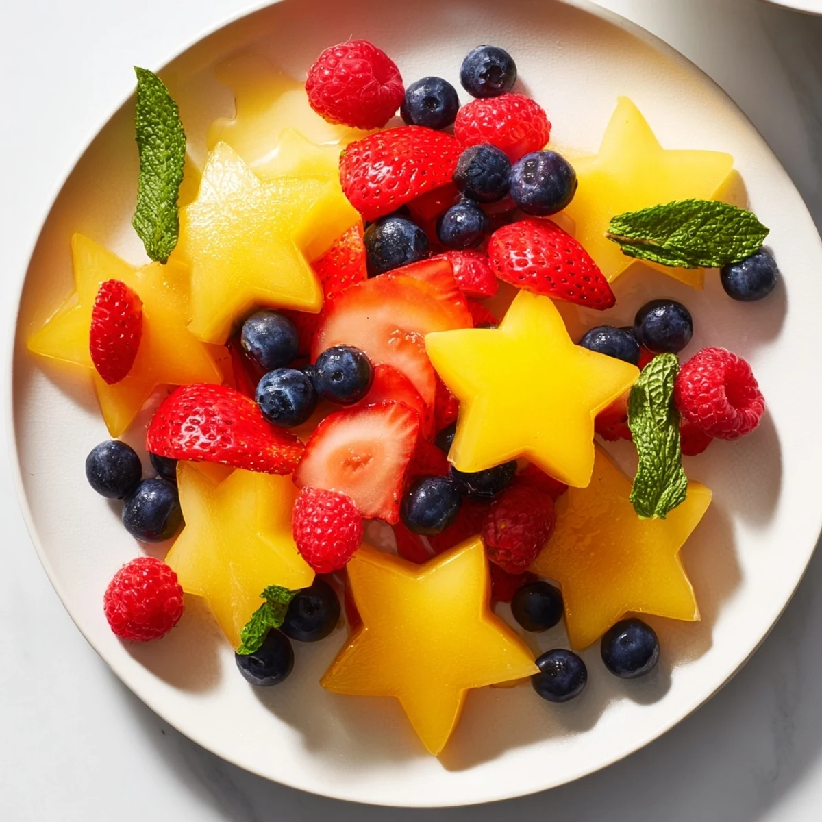 Vibrant starfruit and berry platter with sliced, juicy carambolas, ready to eat alongside fresh berries.