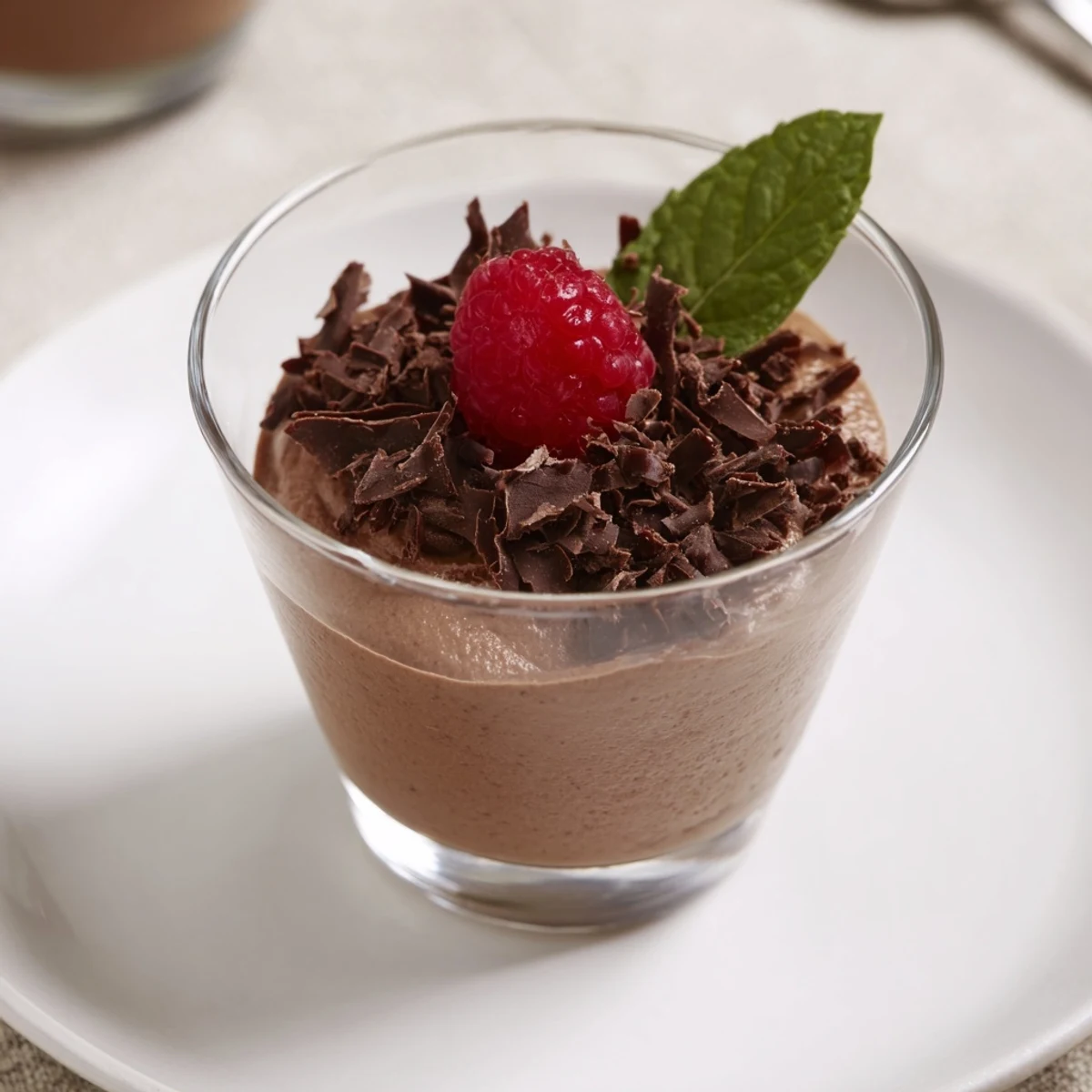 Silky smooth chocolate mousse dessert cups, garnished with chocolate shavings for a rich, satisfying dessert.
